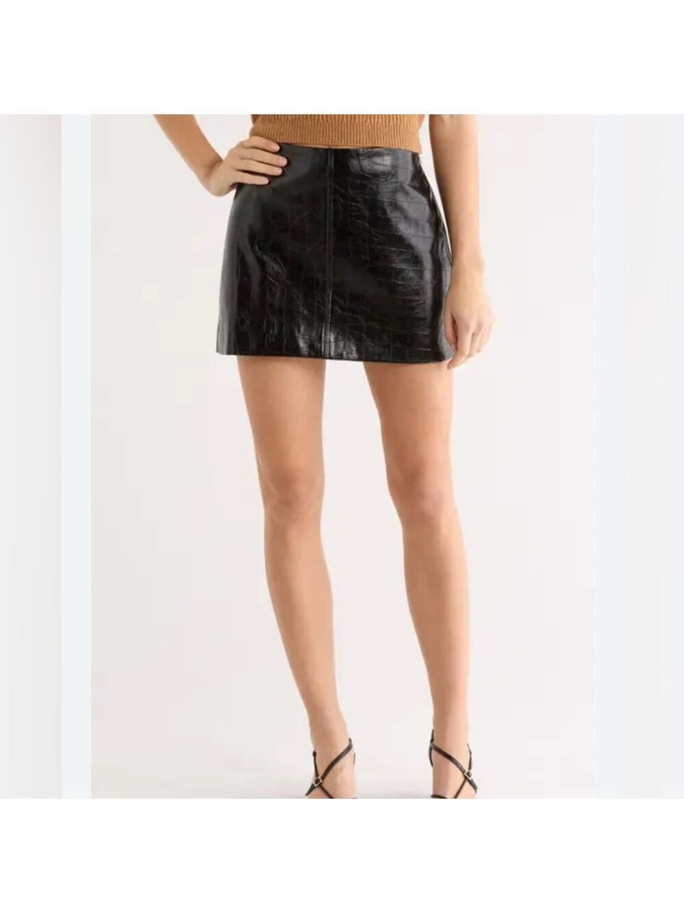 PRIMARK Faux Leather High Shine A- line Mini Skirt Exposed metal zip Party sz 12